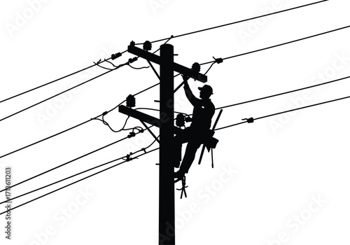 Silhouette of electrical line worker climbing utility pole repairing high voltage power cables, energy infrastructure maintenance, safety harness, electric grid service, distribution network