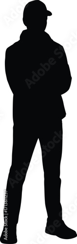 
Silhouette of a standing man with his arms crossed, wearing a jacket and cap, full length portrait isolated on a white background, studio shot