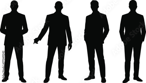 Businessman silhouette vector, standing position, pointing gesture, male figure in suit, leadership concept, flat vector illustration, office character