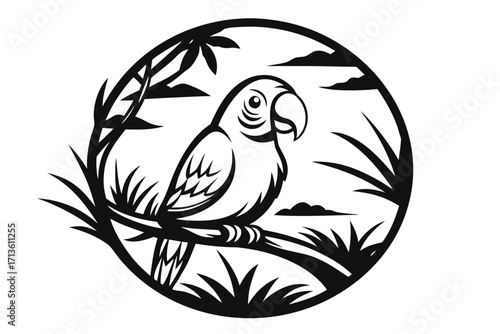 Stylized Parrot on Branch Silhouette with Tropical Leaves in Circle