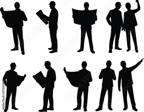 Set of construction workers and engineers, with blueprints, hard hats, and tools, representing construction, planning, and design, a flat vector illustration