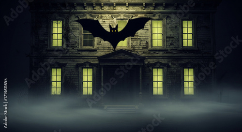 Bat shadow cast on a haunted house wall, glowing windows and foggy atmosphere 