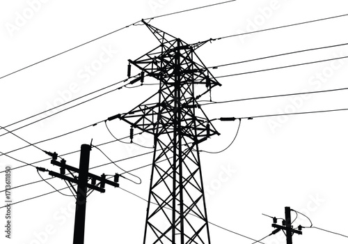 High voltage electricity transmission tower and power lines silhouette against clear sky, industrial energy infrastructure, electrical grid, utility poles, power distribution network