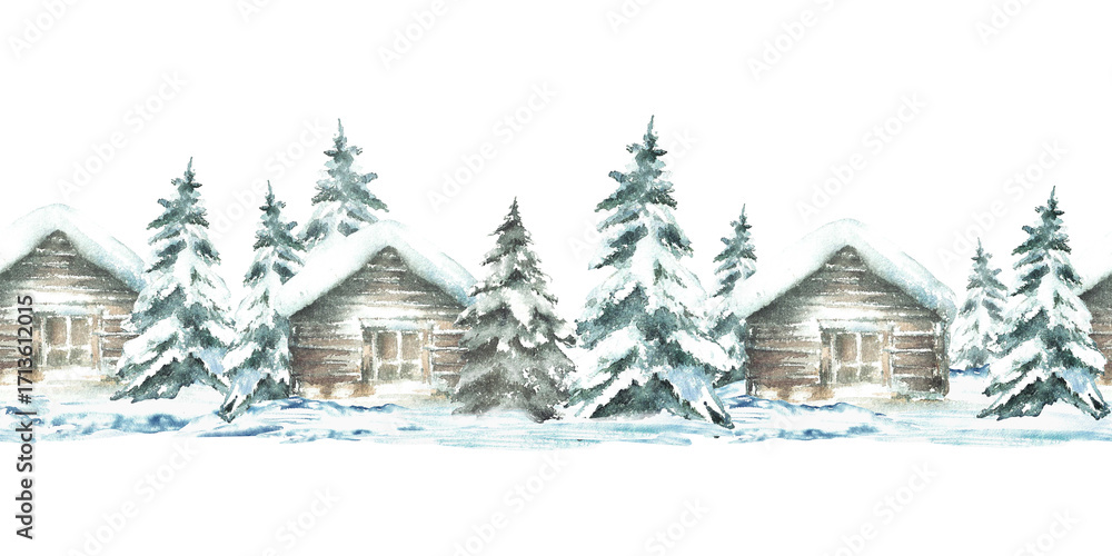 Fototapeta premium Winter landscape snow covered cabin with snowy spruce tree seamless border. Wooden house, chalet surrounded by snowdrifts. Watercolor painted pattern illustration isolated from background for holiday