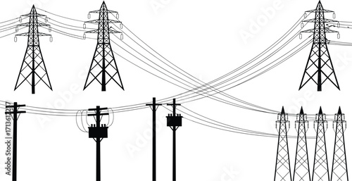 High voltage electricity transmission towers with power lines and transformers, vector illustration for energy, grid, infrastructure, industrial engineering design