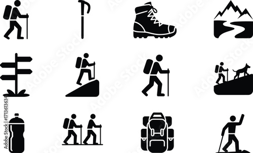 Hiking icons set, mountain trekking, backpacker, trailhead sign, hiking boots, trekking poles, outdoor adventure, nature exploration, camping gear, vector illustration, black and white