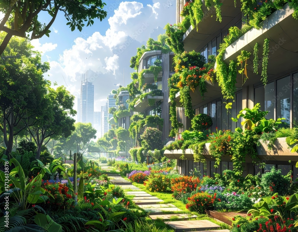 Obraz premium Lush greenery adorns modern, sustainable apartment buildings, creating a vibrant urban oasis.