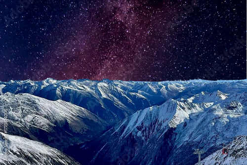 night view of snowy mountain range and milky way. starry night sky with stars and moon. beautiful landscape with snowy mountain peaks in winter night.