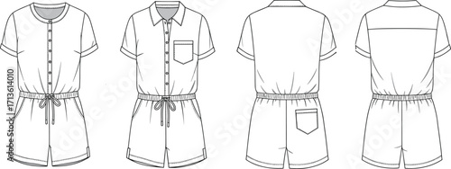 Button front romper fashion sketch, short sleeve playsuit, technical cad template, casual summer outfit vector drawing for garment designers