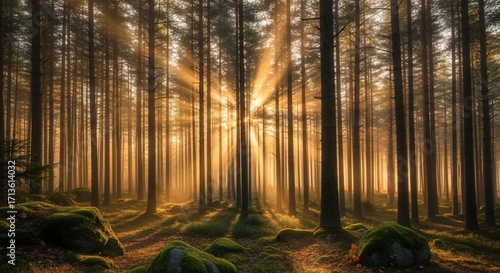 Sunlight streams through tall trees in a vibrant forest landscape.