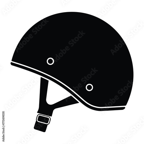 Simple black silhouette of a protective helmet with chin strap and ventilation holes