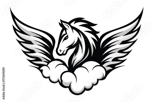 Winged Cartoon Monkey over Cloud Mascot in Format and White Background