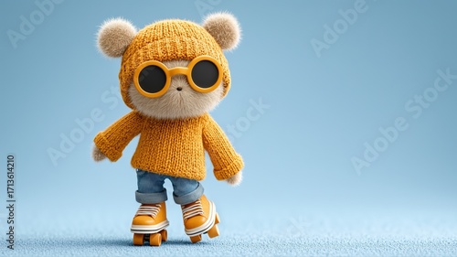 cute toy bear character in hoodie and sunglasses on skates