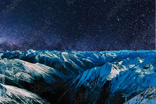 night view of snowy mountain range and milky way. starry night sky with stars and moon. beautiful landscape with snowy mountain peaks in winter night.