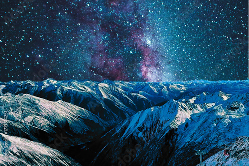 night view of snowy mountain range and milky way. starry night sky with stars and moon. beautiful landscape with snowy mountain peaks in winter night.