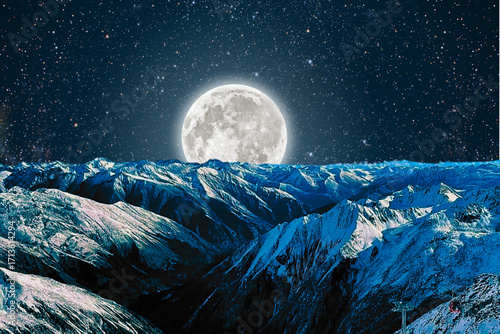 night view of snowy mountain range and milky way. starry night sky with stars and moon. beautiful landscape with snowy mountain peaks in winter night.