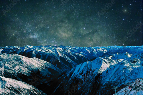 night view of snowy mountain range and milky way. starry night sky with stars and moon. beautiful landscape with snowy mountain peaks in winter night.