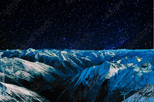 night view of snowy mountain range and milky way. starry night sky with stars and moon. beautiful landscape with snowy mountain peaks in winter night.