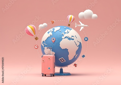 World Travel Concept with Globe Suitcase Airplane and Hot Air Balloons in Cartoon Style Promoting Adventure and Exploration