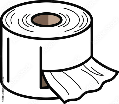 Cartoon toilet paper roll with a sheet hanging down on a white background for hygiene and sanitation needs and bathroom use is illustrated
