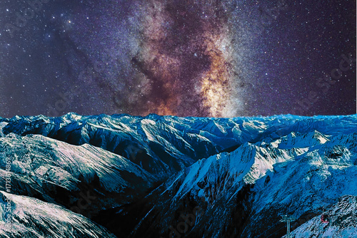 night view of snowy mountain range and milky way. starry night sky with stars and moon. beautiful landscape with snowy mountain peaks in winter night.