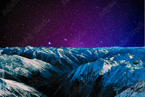 night view of snowy mountain range and milky way. starry night sky with stars and moon. beautiful landscape with snowy mountain peaks in winter night.