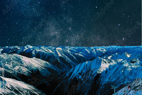 night view of snowy mountain range and milky way. starry night sky with stars and moon. beautiful landscape with snowy mountain peaks in winter night.