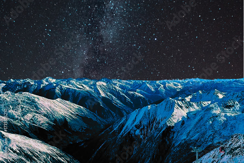 night view of snowy mountain range and milky way. starry night sky with stars and moon. beautiful landscape with snowy mountain peaks in winter night.