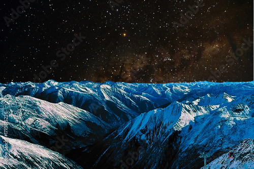 night view of snowy mountain range and milky way. starry night sky with stars and moon. beautiful landscape with snowy mountain peaks in winter night.