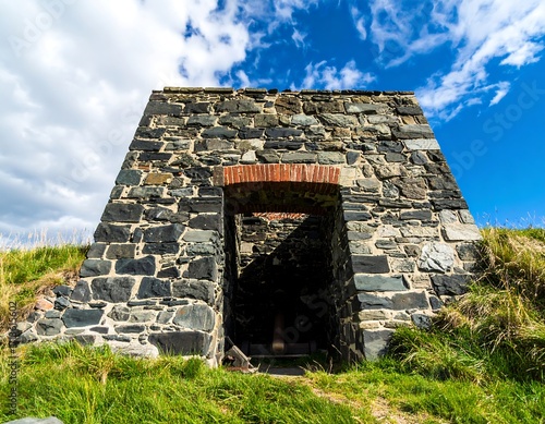 Stone structure on grassy hilltop under a partly cloudy sky