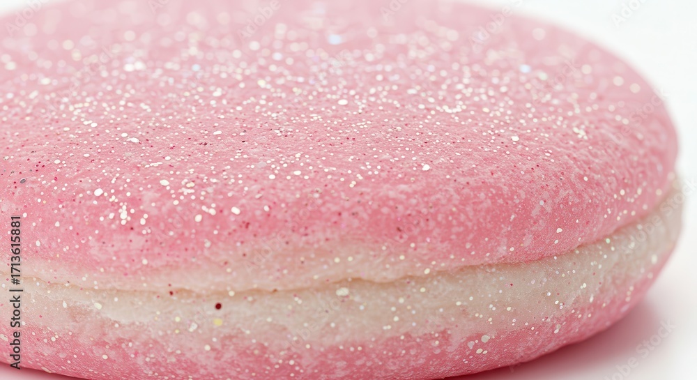 Fototapeta premium Close-up of a pink confectionery item, glistening with fine white glitter, showcasing a smooth surface and a delicate layering.