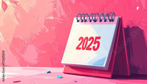 A vibrant, artistic depiction of a 2025 desk calendar, presented against a textured, painted backdrop of soft pink hues.