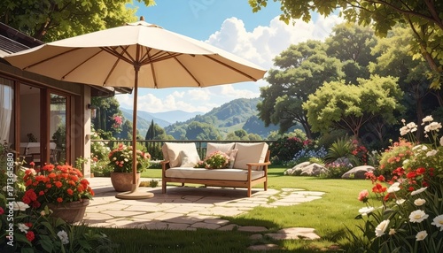 A serene outdoor patio space with a view of a lush mountain landscape, featuring a comfortable seating area under a stylish umbrella and colorful flowerbeds.