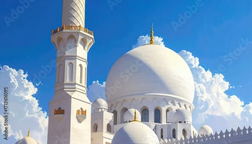A majestic mosque, with a grand dome and minaret, stands against a vibrant blue sky filled with dramatic clouds.