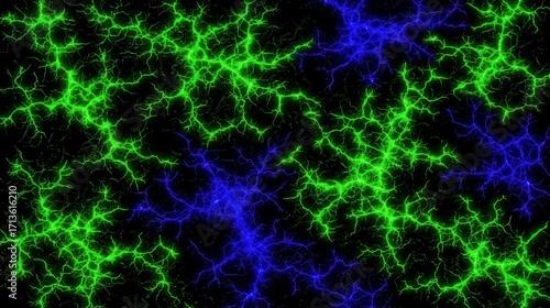 Abstract electric patterns in vibrant green and blue against a dark background create a mesmerizing visual, This image is perfect for technology, science, or energy themes in digital projects,