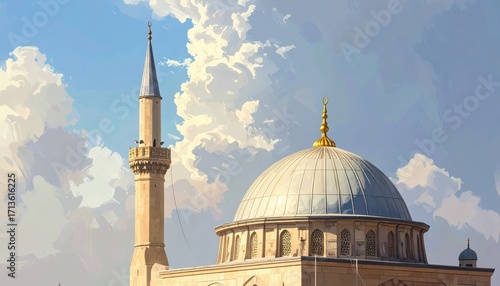 A serene illustration of a mosque's dome and minaret against a backdrop of fluffy clouds and a light, airy sky.
