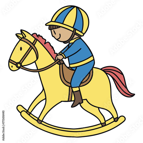 Cartoon child wearing blue and yellow jockey outfit riding a yellow rocking horse girl