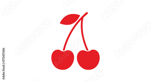 Simple red illustration depicting two cherries with stems and leaves