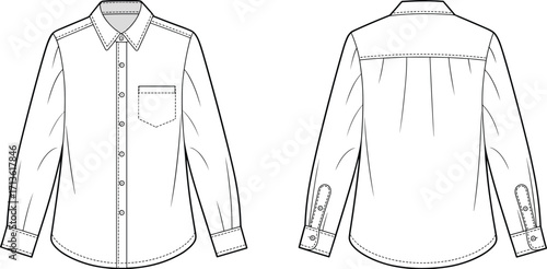 Women’s long sleeve shirt vector template with buttons, collared blouse fashion flat sketch, front and back clothing design illustration