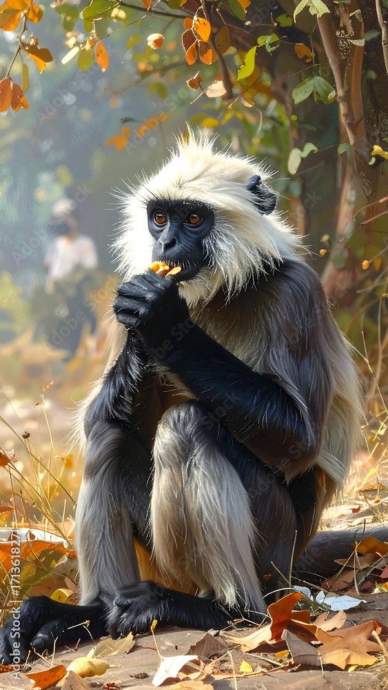 Obraz premium A grayscale langur monkey sits amidst fallen leaves, consuming a piece of fruit, bathed in soft sunlight.
