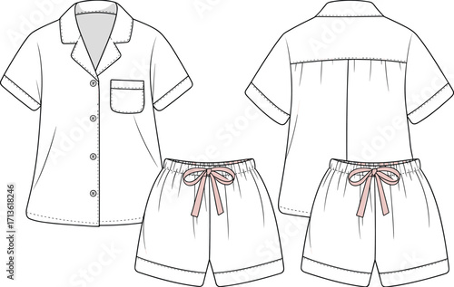 Women’s pajama set vector illustration, short sleeve shirt and shorts sleepwear design, fashion flat sketch, comfortable nightwear template drawing