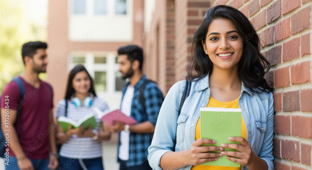 Obraz premium young indian female college student holding books standing at college campus