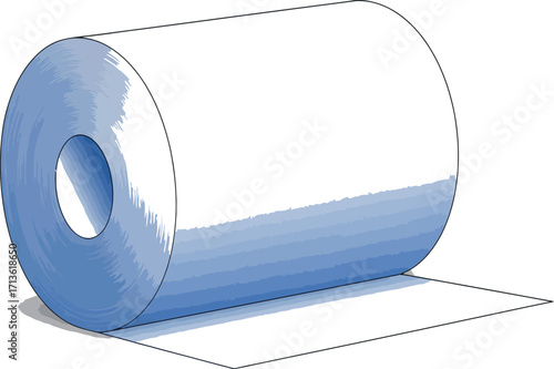 Roll of white paper with blue gradient edges casting a shadow on a white background in a studio setting for printing or packaging purposes