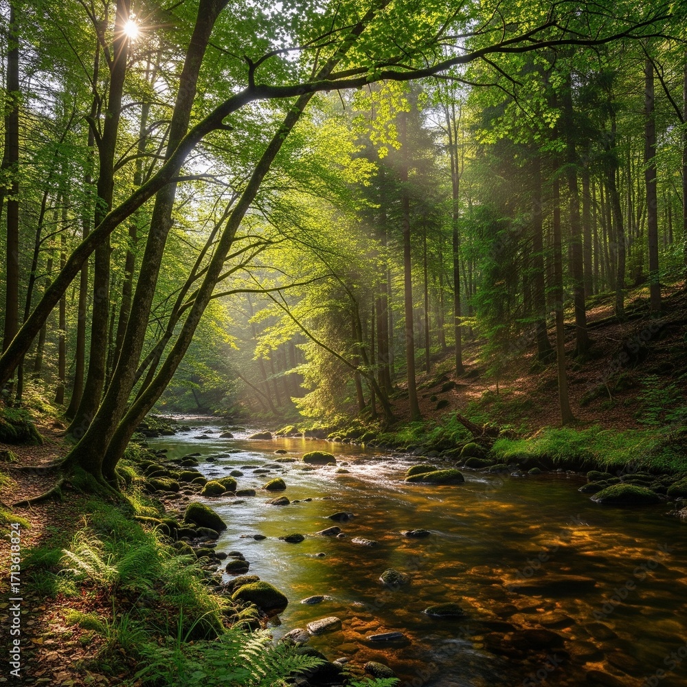 Obraz premium Serene Forest River in Dappled Sunlight