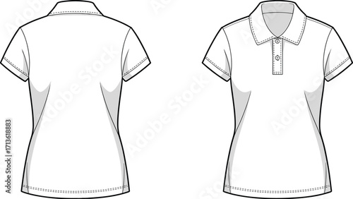 Women’s polo shirt vector template with short sleeves, collared t-shirt design, front and back fashion flat sketch clothing illustration