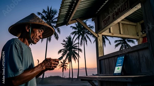 Asian Farmer Using Mobile Phone for E-Wallet Transaction at Beachside Kiosk at Sunset.  Transition