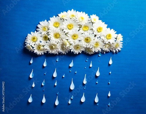 Creative concept of white daisy flowers arranged as a fluffy cloud with falling raindrops on a vibrant blue background, symbolizing spring freshness and nature’s beauty.