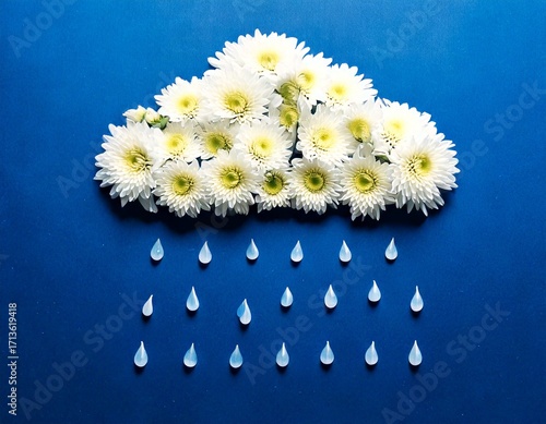 Creative concept of white daisy flowers arranged as a fluffy cloud with falling raindrops on a vibrant blue background, symbolizing spring freshness and nature’s beauty.