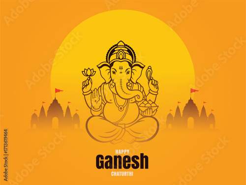 A stylized illustration of Lord Ganesha in a seated meditative pose, set against a warm orange gradient background with temple silhouettes.