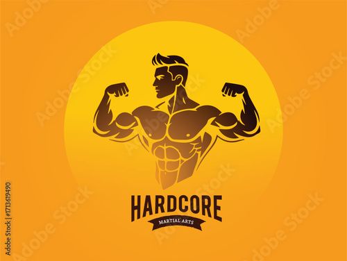 Muscular man posing with hardcore logo on orange background